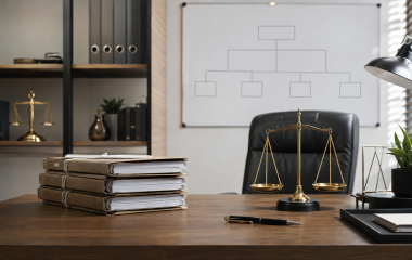 Closed case files, scales and a blank organisational chart in a legal office