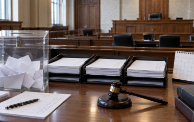 Ballot box, blank candidate forms and gavel in an empty hearing room
