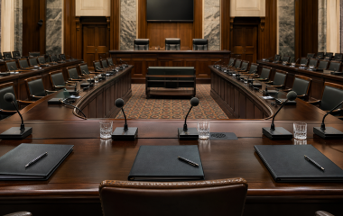 Illustration of an empty parliamentary committee room prepared for a media briefing