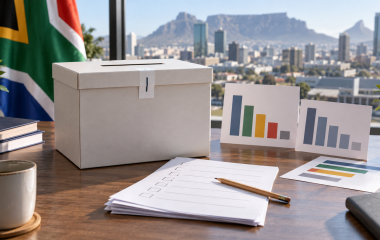A ballot box and abstract polling bars representing South African voter intentions
