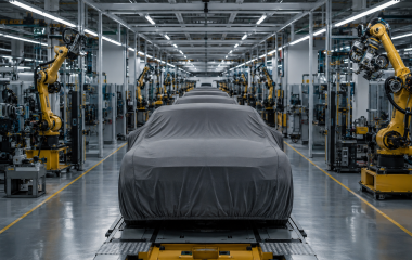 Covered unbranded vehicles on an automated assembly line