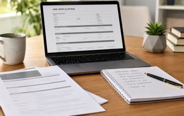 Laptop with a generic job application form beside a CV and interview notes