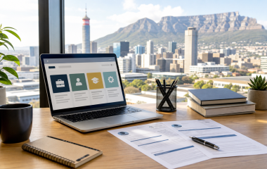 Illustration of a laptop displaying vacancy cards beside application documents
