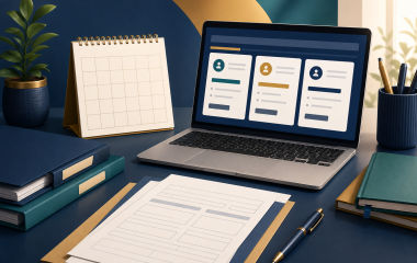 Illustrated vacancy cards on a laptop beside a calendar and application papers