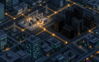 Conceptual illustration of an urban electricity grid with some buildings in darkness