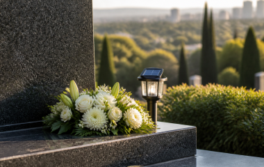 Blank stone memorial with white flowers and a solar light