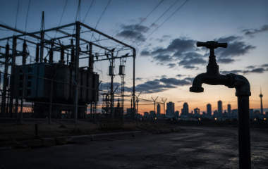 A darkened electricity substation and dry tap against a Johannesburg skyline at dawn