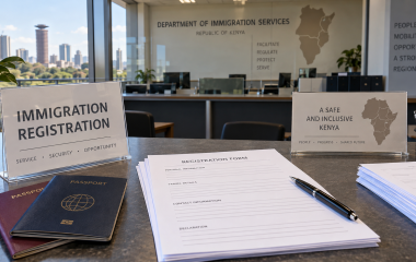 Blank registration forms and passports at an immigration service counter