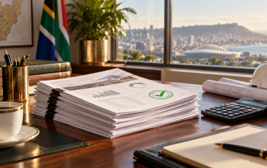 Audited public works documents, a calculator and construction plans on an office desk