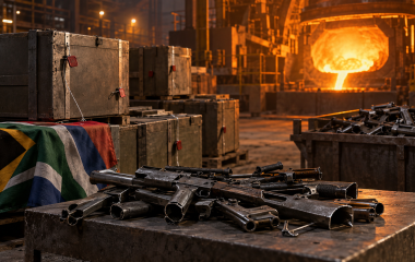 Deactivated metal firearms and sealed crates beside an industrial furnace