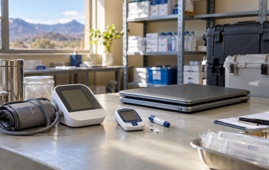 Medical monitors and laptops arranged on a clinic workbench