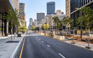 A city street with road rehabilitation work nearing completion