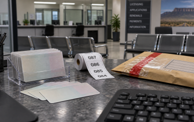 Blank licence cards, queue tickets and sealed evidence envelope at a licensing counter