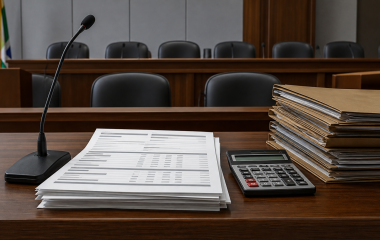 Illustration of abstract bank statements, a calculator and evidence files in an empty hearing room