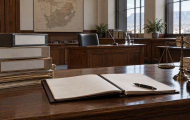 Blank legal document, archive files and scales in an empty inquiry room