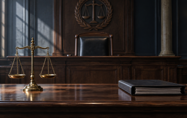 Empty judge's bench with brass scales and a closed court file