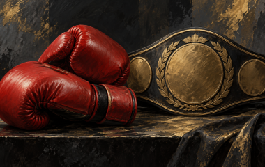 Illustrated boxing gloves beside a symbolic title belt, not a depiction of the Tokyo fight
