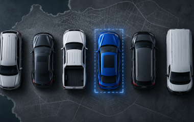 Six generic vehicles arranged over an abstract street map
