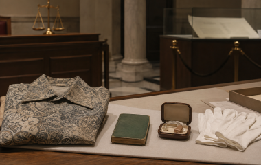 A patterned shirt, closed green document and hearing-aid case on a museum conservation table