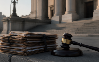 Illustration of court files and a gavel outside a courthouse