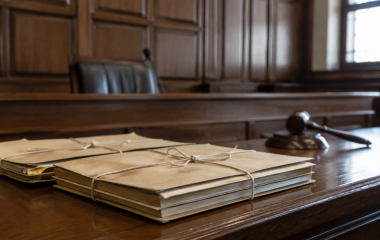 Sealed plain affidavit folders on an empty courtroom desk