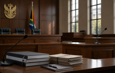 Illustration of an empty South African courtroom prepared for witness testimony