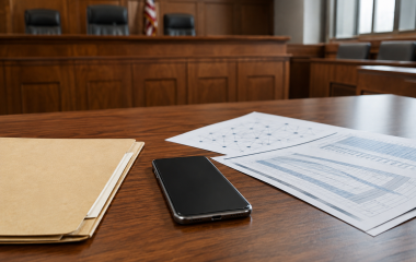 An unbranded switched-off smartphone and unreadable call-record charts on an empty courtroom table