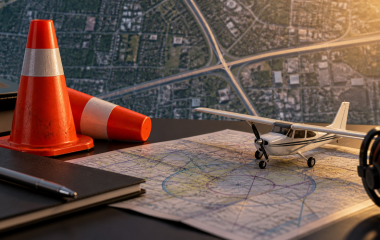 Symbolic model aircraft, map and safety cones on an aviation desk