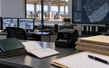 Blank travel documents, case files and a map display representing migration enforcement