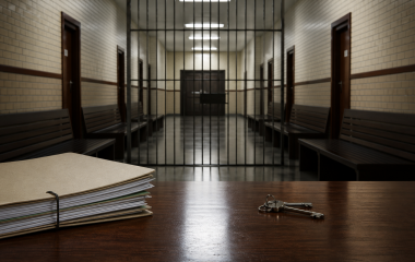 Illustration of a court file and keys outside an empty holding corridor
