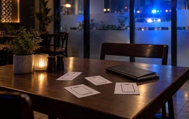 An empty restaurant table with phone outline cards and distant emergency lights