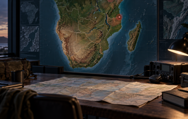 A symbolic operations desk and regional map focused on northern Mozambique