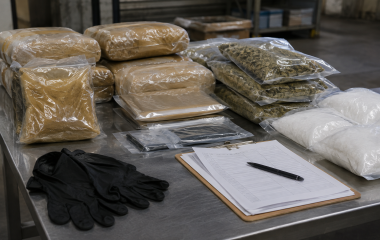 Sealed generic packages and blank inventory sheets on an evidence-processing table