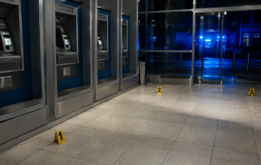 Unbranded ATMs and evidence markers in an empty bank lobby at night