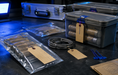 Sealed evidence containers and connector cord on a secure workbench