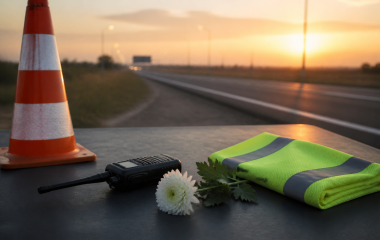 Reflective traffic vest, radio, road cone and white flower beside an empty highway
