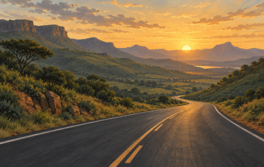 Illustrated empty road through hills at dawn