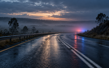 A wet road at dawn with distant emergency lights