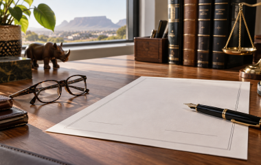 A blank legal document and fountain pen on a South African office desk