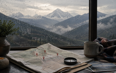 Search-route markers on a topographic map beside a rain-speckled mountain window