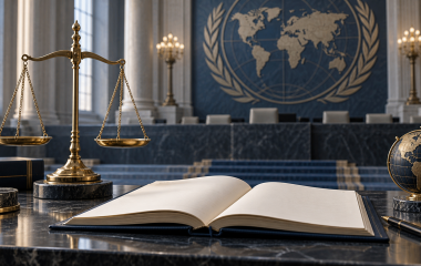 Scales of justice and an open case file in a symbolic international courtroom