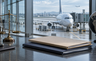 Legal files and scales with an aircraft at an airport in the background