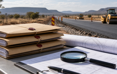 Roadworks, tender files and a magnifying glass representing an SIU investigation