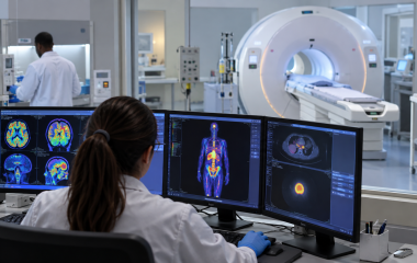 Researchers working with nuclear medicine imaging equipment