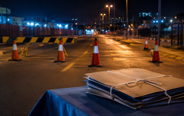 Empty urban roadblock with traffic cones and sealed case files