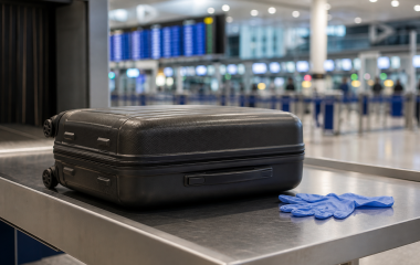 A closed unbranded suitcase on a generic airport inspection table