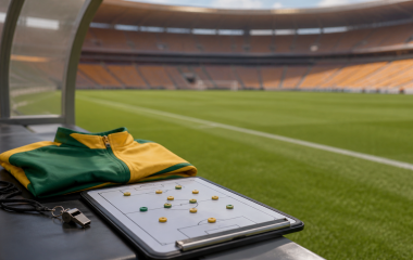 Green-and-gold coaching jacket, whistle and tactical board beside an empty football pitch
