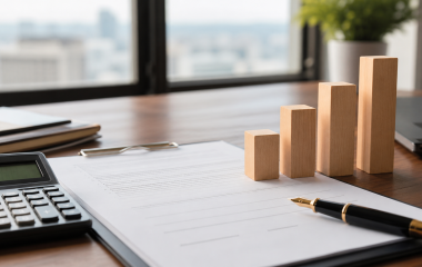Calculator, blank policy papers and wooden bars on an office desk