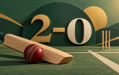Editorial illustration of a cricket bat and ball with a 2–0 series score; not a match photograph