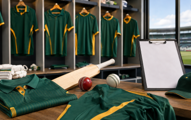 Unbranded green-and-gold cricket shirts, bat and balls arranged as a conceptual squad selection image
